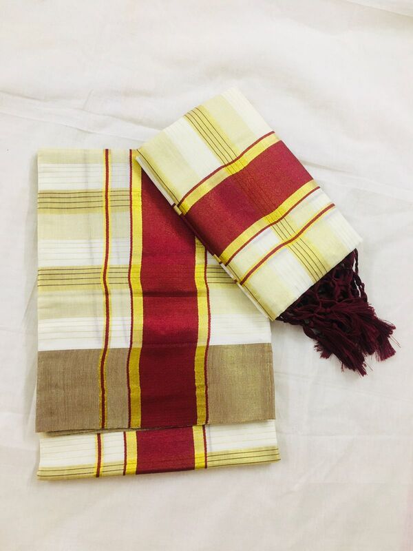 Powerloom Tissue Set Mundu Maroon Stripes and Maroon Kara Powerloom Tissue Set Mundu Maroon Stripes and Maroon Kara